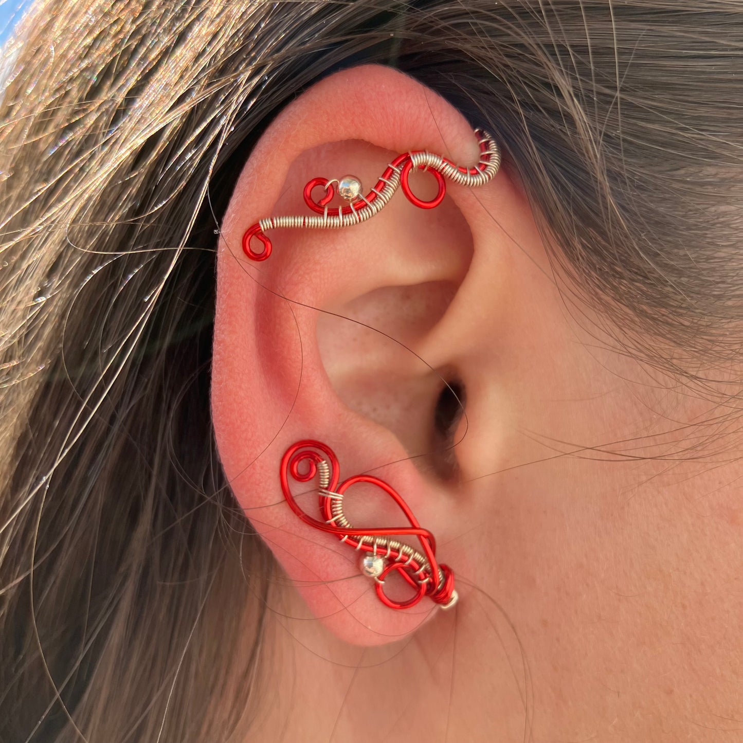 Winter Heart - red and silver earwrap