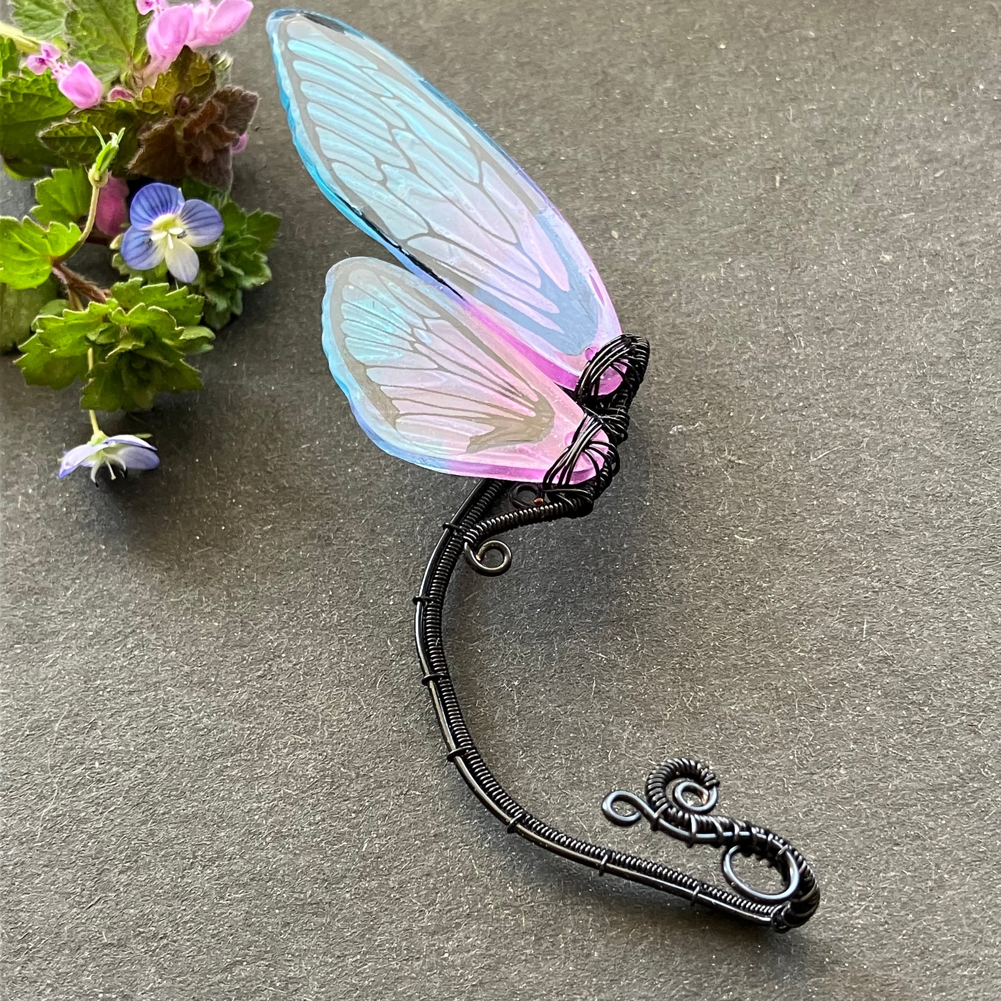 Butterfly wing black purple blue ear wrap