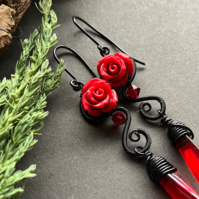 Gothic red black wire wrapped rose earrings 