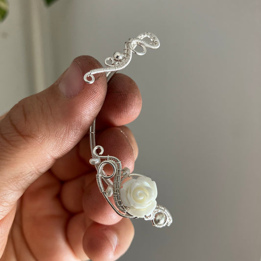 Silverplated white rose and pearl ear wrap