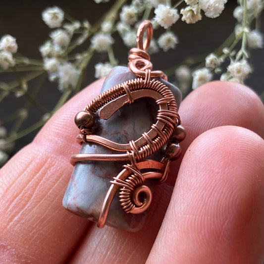 Copper wire-wrapped pendant gray gemstone