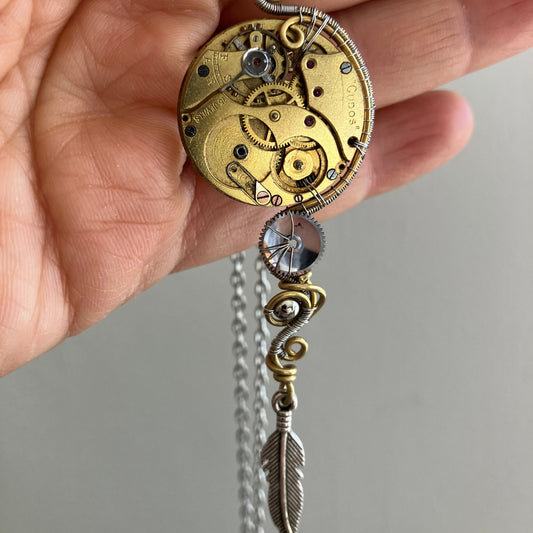 Steampunk sárgaréz és nemesacél óra medál nyaklánc