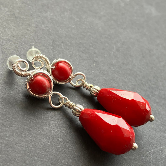Winter Heart - silver plated red droplet earring