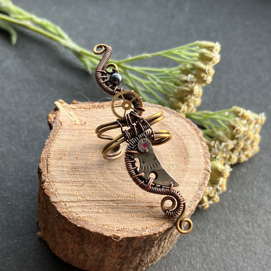 Steampunk fülgyűrű sárgaréz és vörösréz dróttal fogaskerék