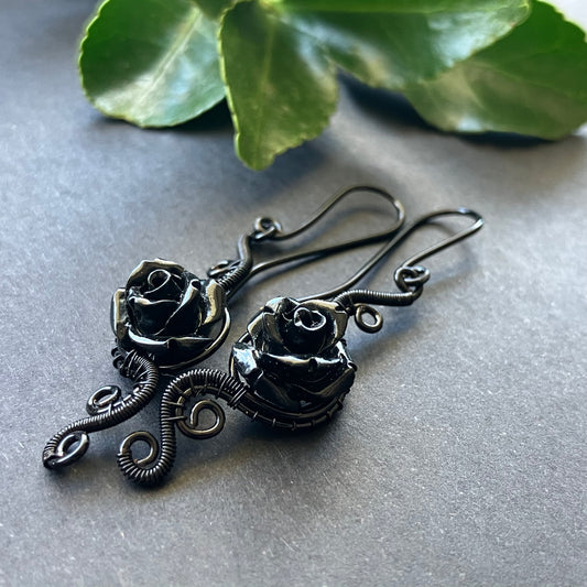 Gothic black rose wire wrapped earrings