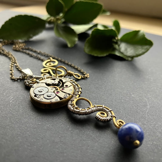 Brass and stainless steel steampunk necklace with sodalite