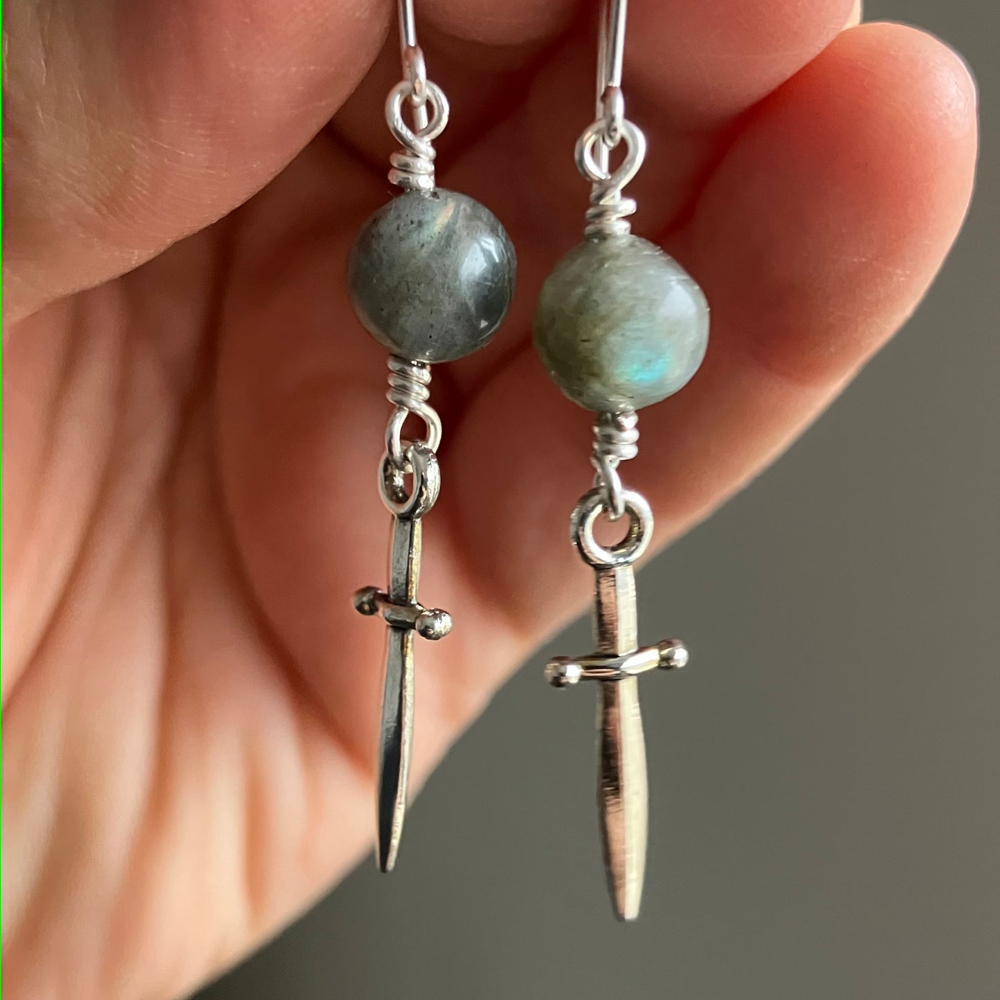 Silverplated sword earrings with labradorite