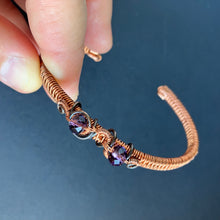 Load image into Gallery viewer, cuff style wire wrapped copper bracelet with translucent purple beads
