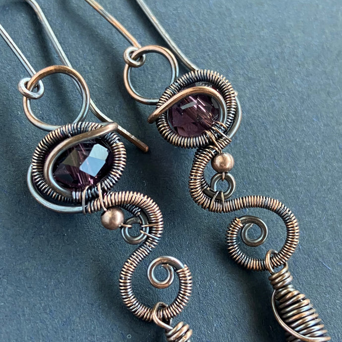 copper dark purple dangle earrings