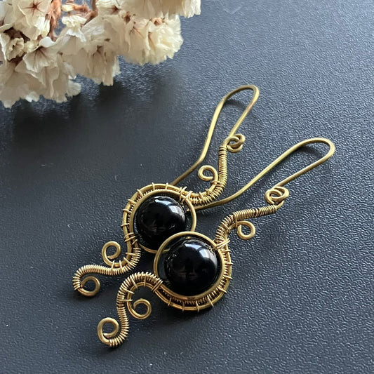 Phoenix brass and onyx earrings