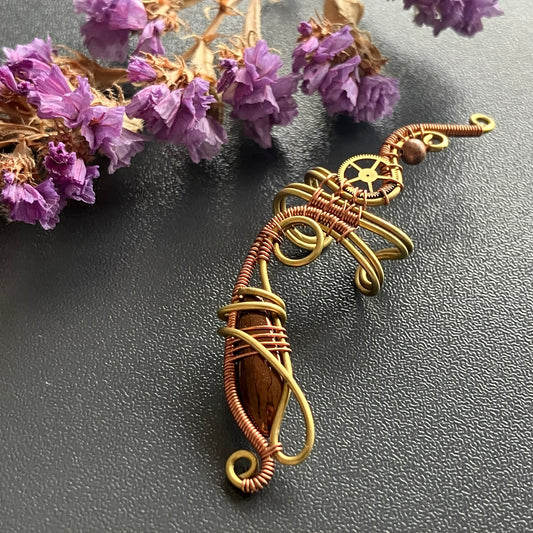 Copper and brass big steampunk ear cuff with brown