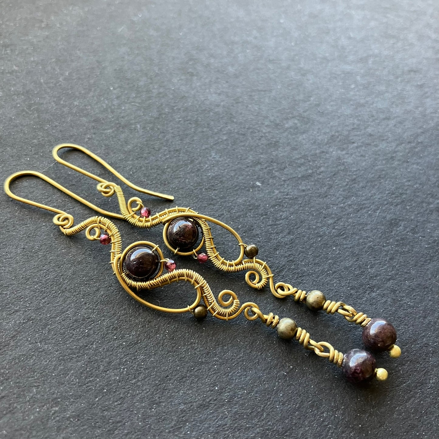 REINA brass and garnet long earrings