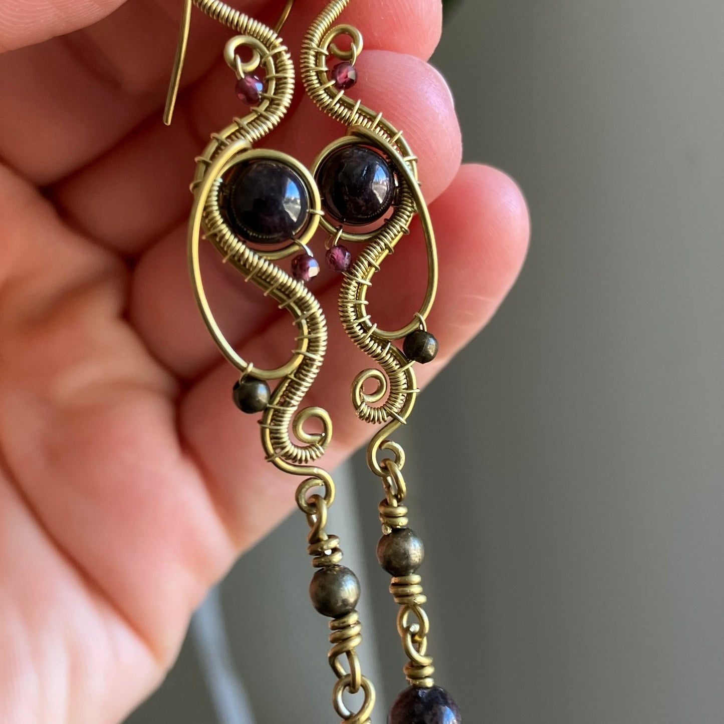 REINA brass and garnet long earrings