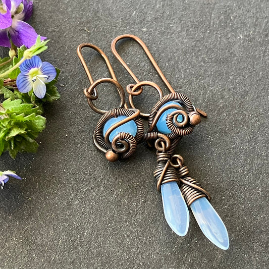 WILDFLOWER Copper earrings with blue and translucent beads