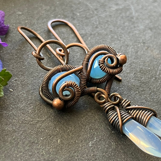 WILDFLOWER Copper earrings with blue and translucent beads