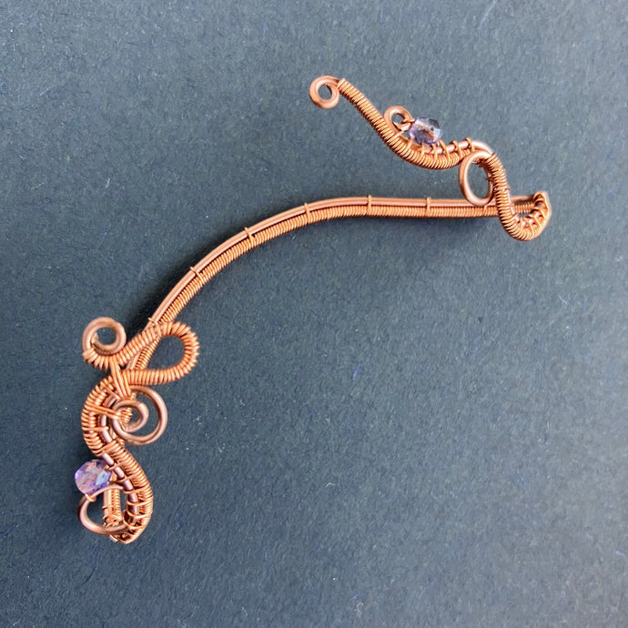 wire wrapped copper ear wrap with translucent purple beads