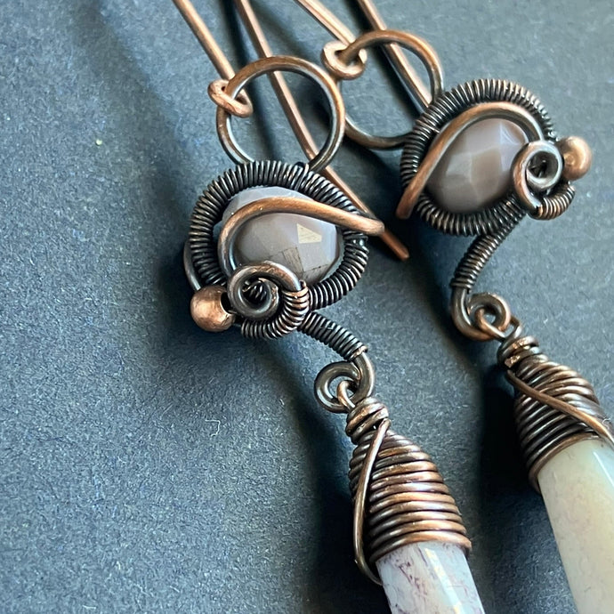 copper wire wrapped earrings with pale lilac beads
