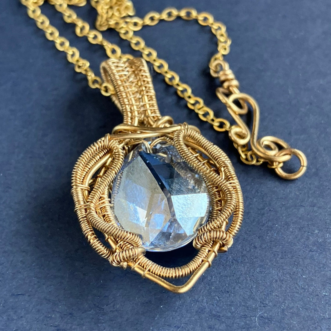 brass wire wrapped necklace with clear glass stone
