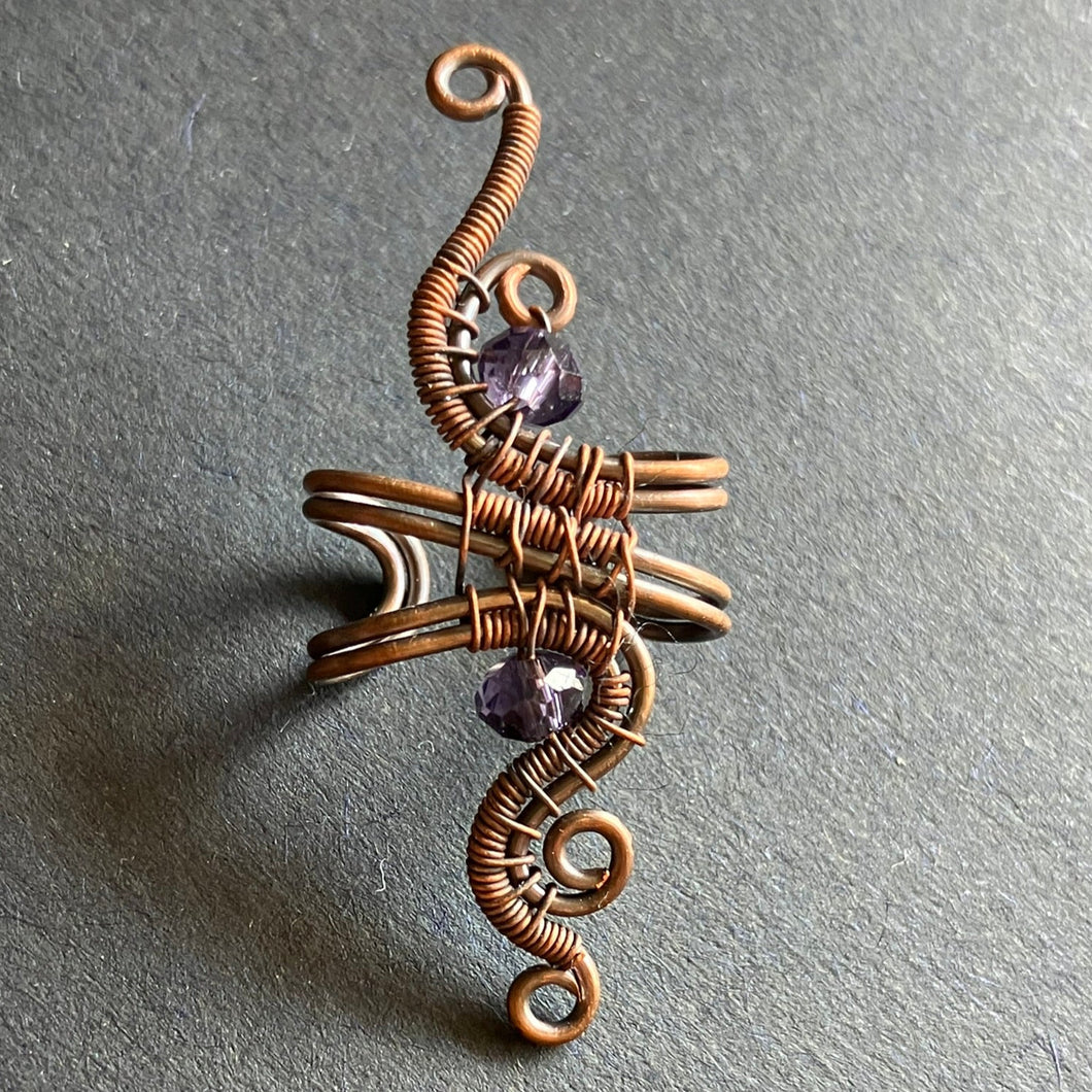 wire wrapped copper era cuff with translucent purple beads