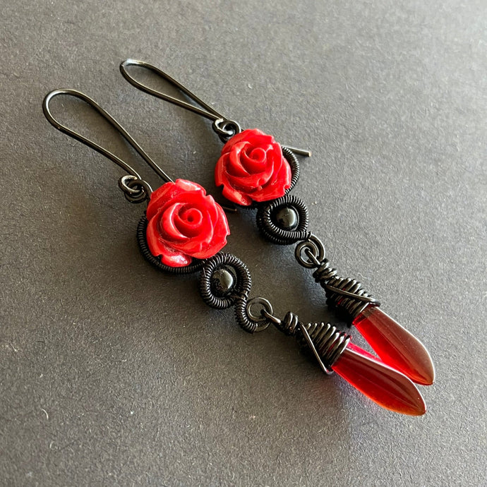 gothic black wire wrapped earring with red resin rose and red beads