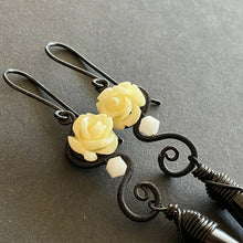 Load image into Gallery viewer, black wire wrapped dangle earrings with off-white rose beads
