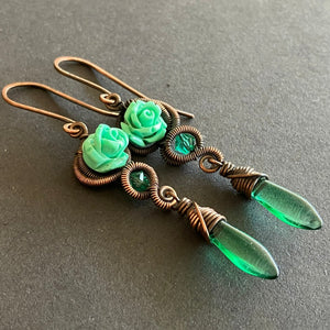 mint green rose copper wire dangle earring