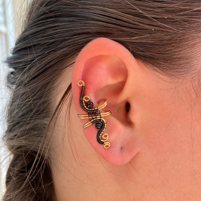 brass and black ear cuff with black beads