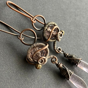 wire wrapped copper earrings with pale pink glass beads