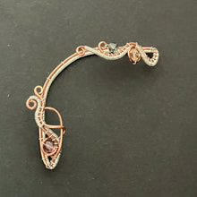Load image into Gallery viewer, copper and silver plated wire wrapped ear wrap with peach, grey and purple beads
