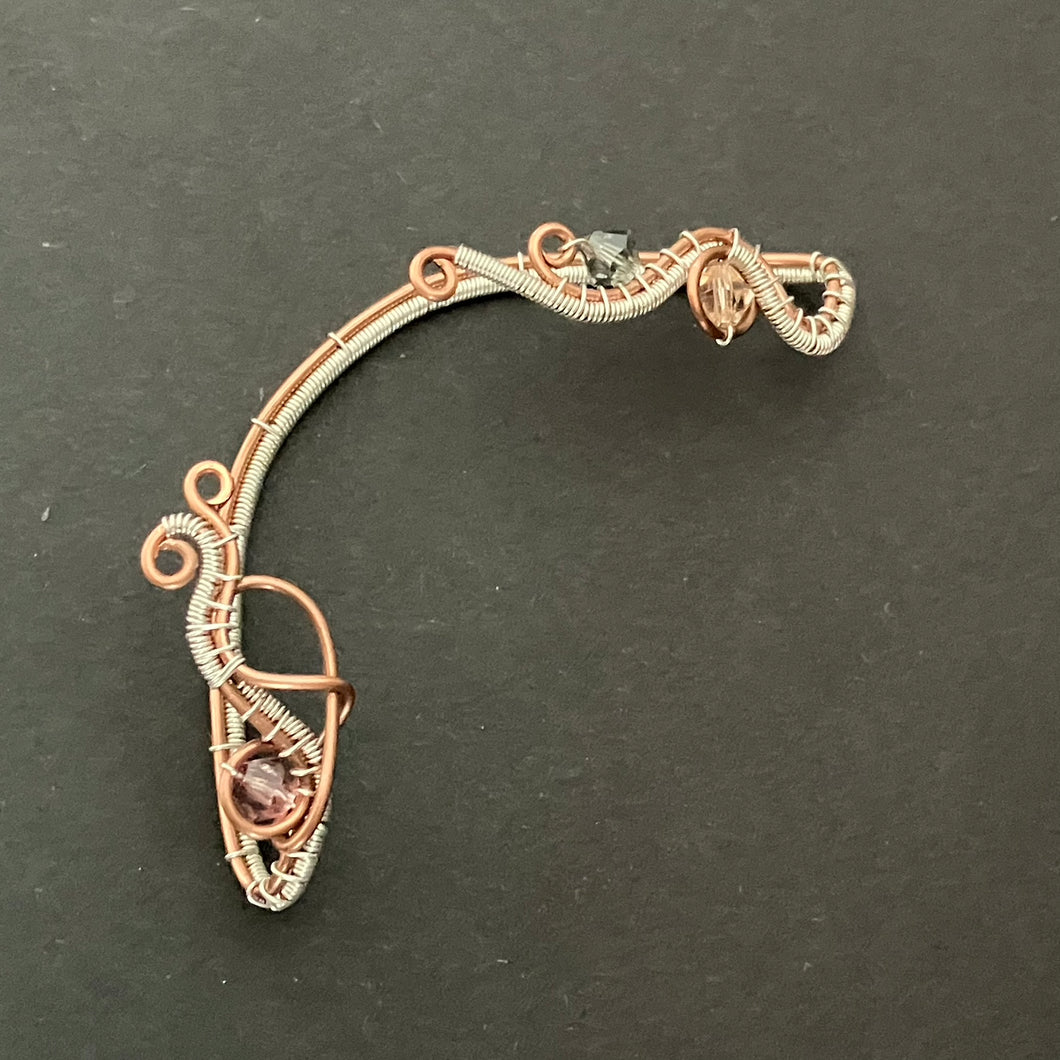 copper and silver plated wire wrapped ear wrap with peach, grey and purple beads