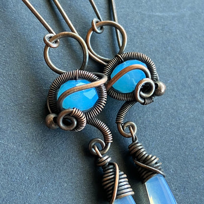 Copper earrings with blue and translucent beads