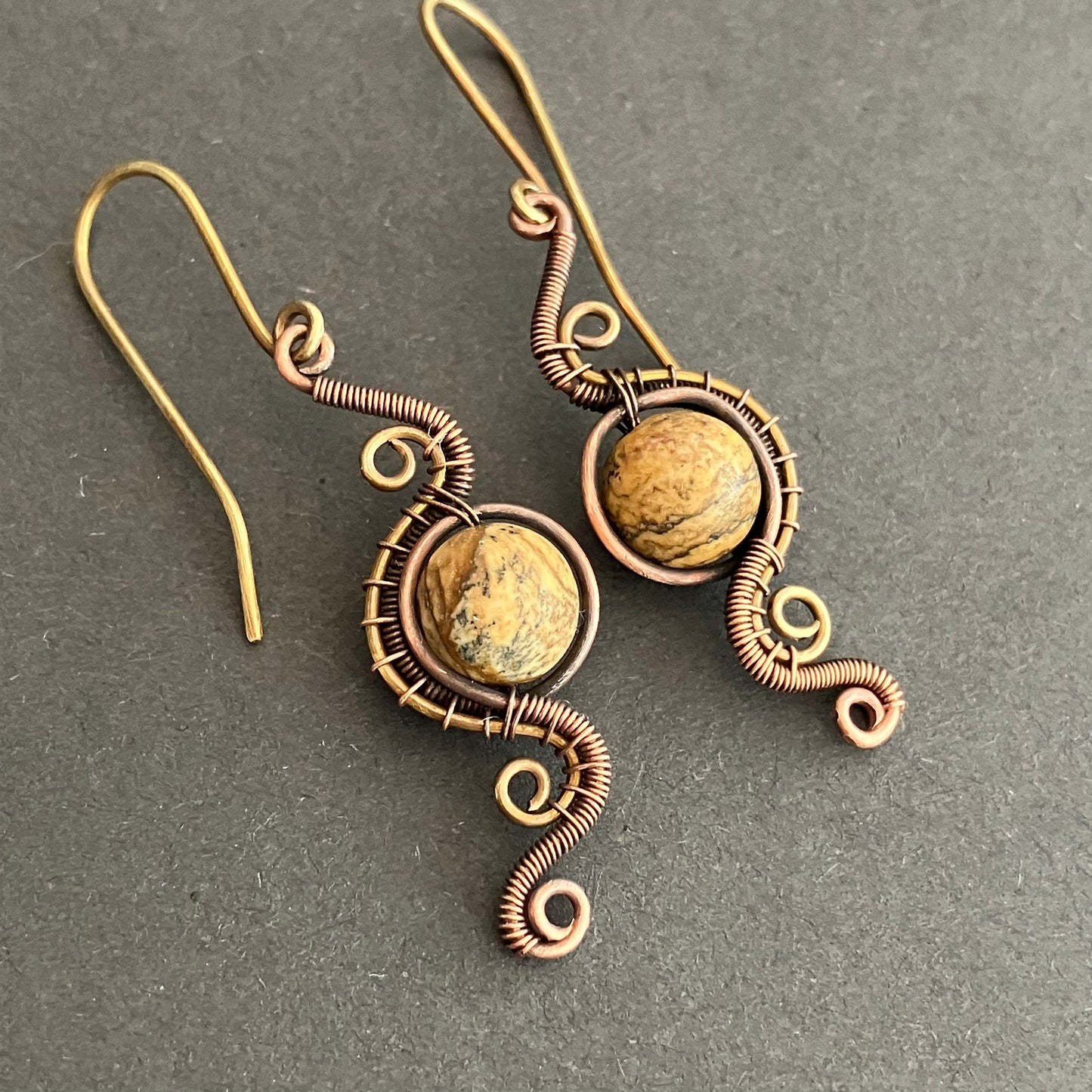 Picture jasper brass and copper earrings