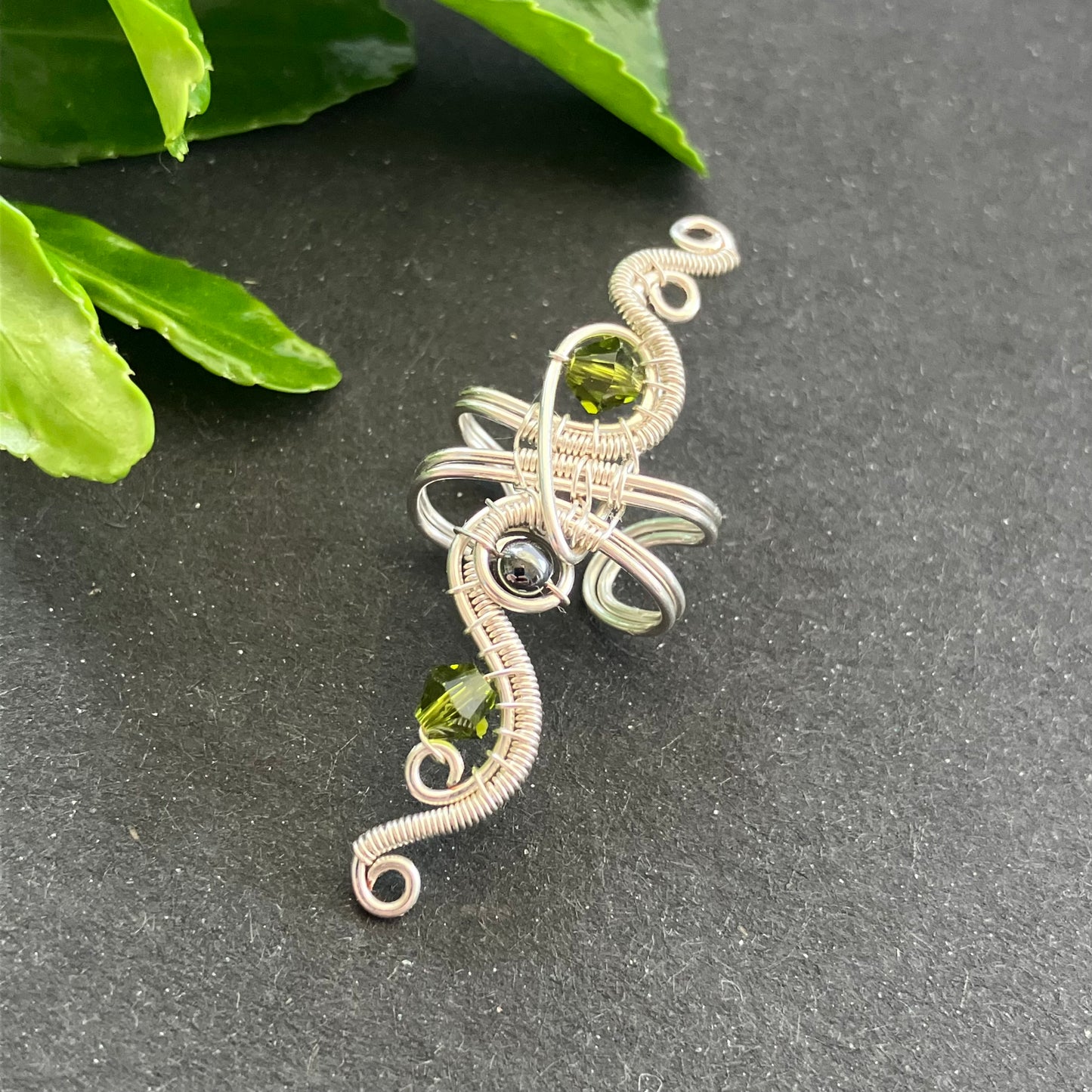 FREEDOM big silver plated green ear cuff