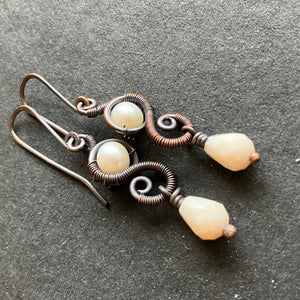Antiqued copper white earrings