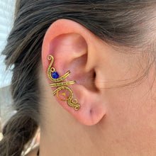 Load image into Gallery viewer, brass wire wrapped ear cuff with blue bead 
