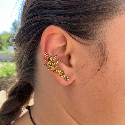 brass earcuff with pink, orange and yellow beads