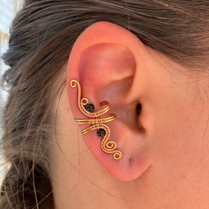 brass and copper ear cuff with black beads