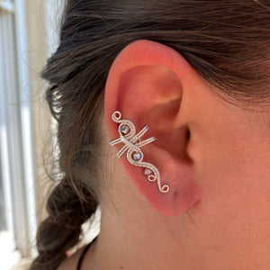 Silver plated ear cuff with iridescent silver beads