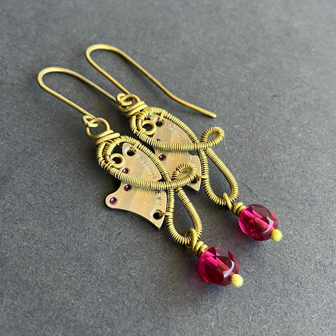 steampunk brass clockwork earrings with dark pink beads