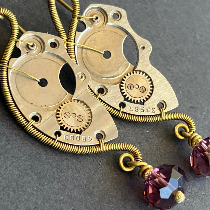  steampunk brass clockwork and purple earrings