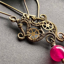 Load image into Gallery viewer, brass wire wrapped dangle earrings with gears and hot pink beads 
