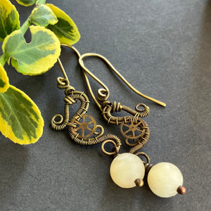 wire wrapped brass steampunk earrings with yellow jade beads