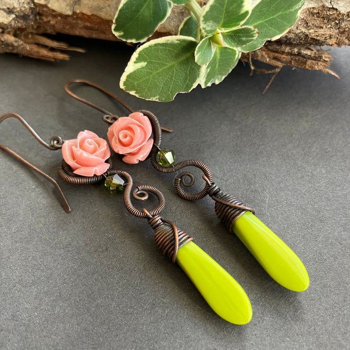 cottagecore brass wire wrapped dangle earrings with peach roses and green beads