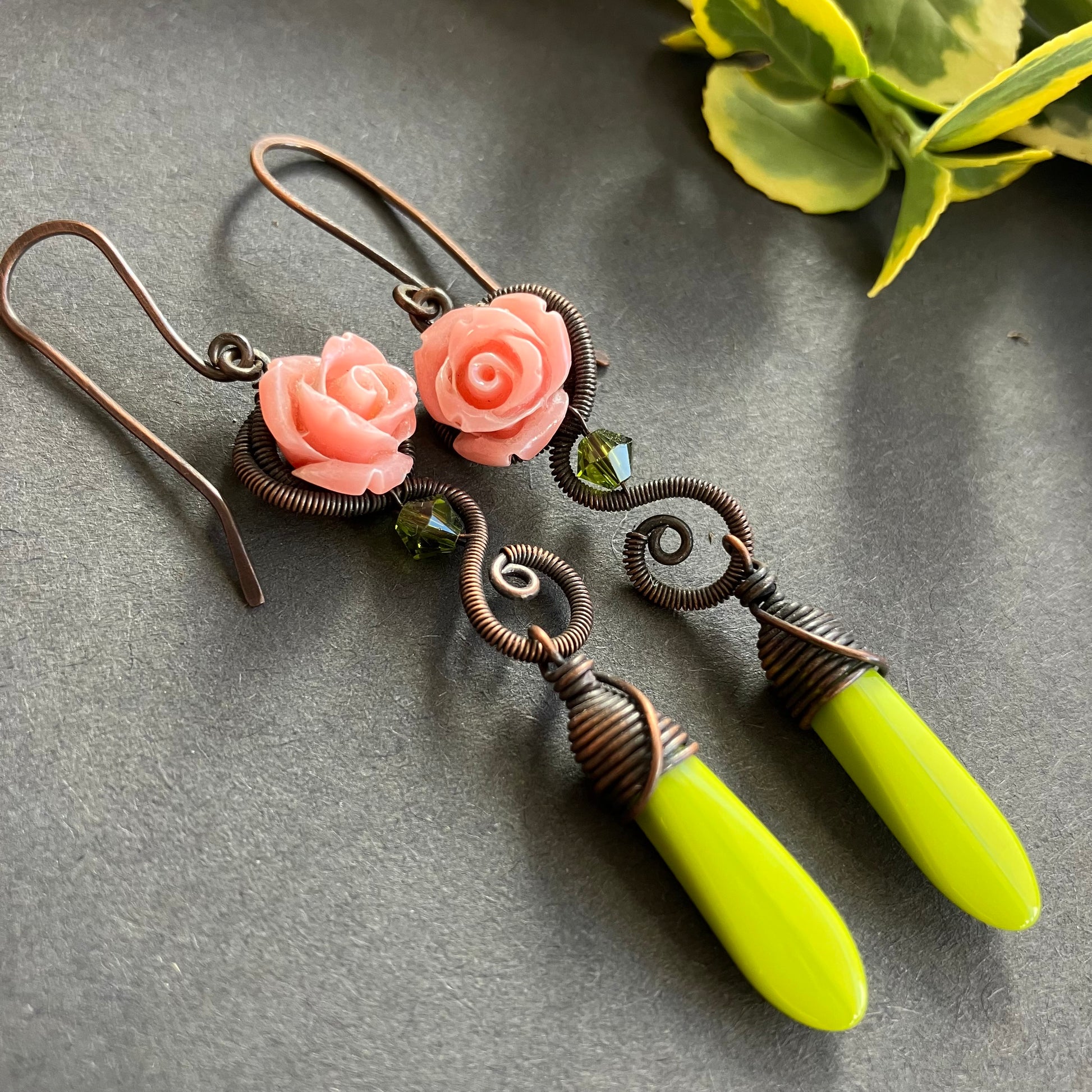 cottagecore brass wire wrapped dangle earrings with peach roses and green beads