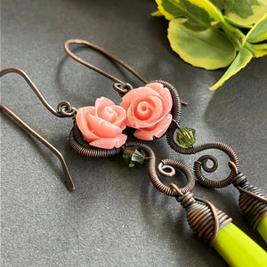 cottagecore brass wire wrapped dangle earrings with peach roses and green beads
