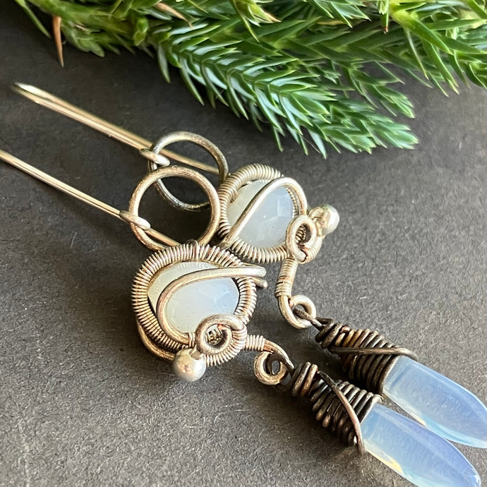 wire wrapped earrings with translucent white beads