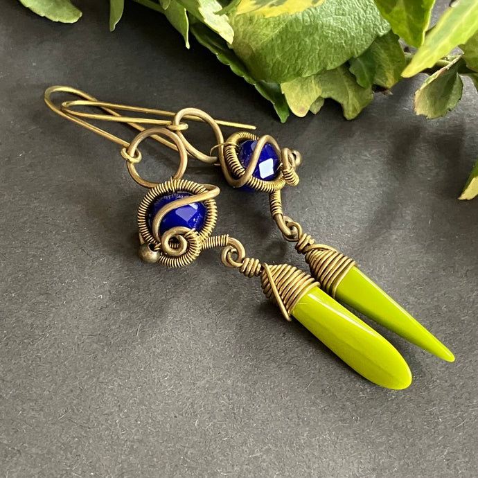 brass wire wrapped dangle earring with blue and green beads