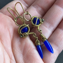 Load image into Gallery viewer, wire wrapped earrings with blue glass beads

