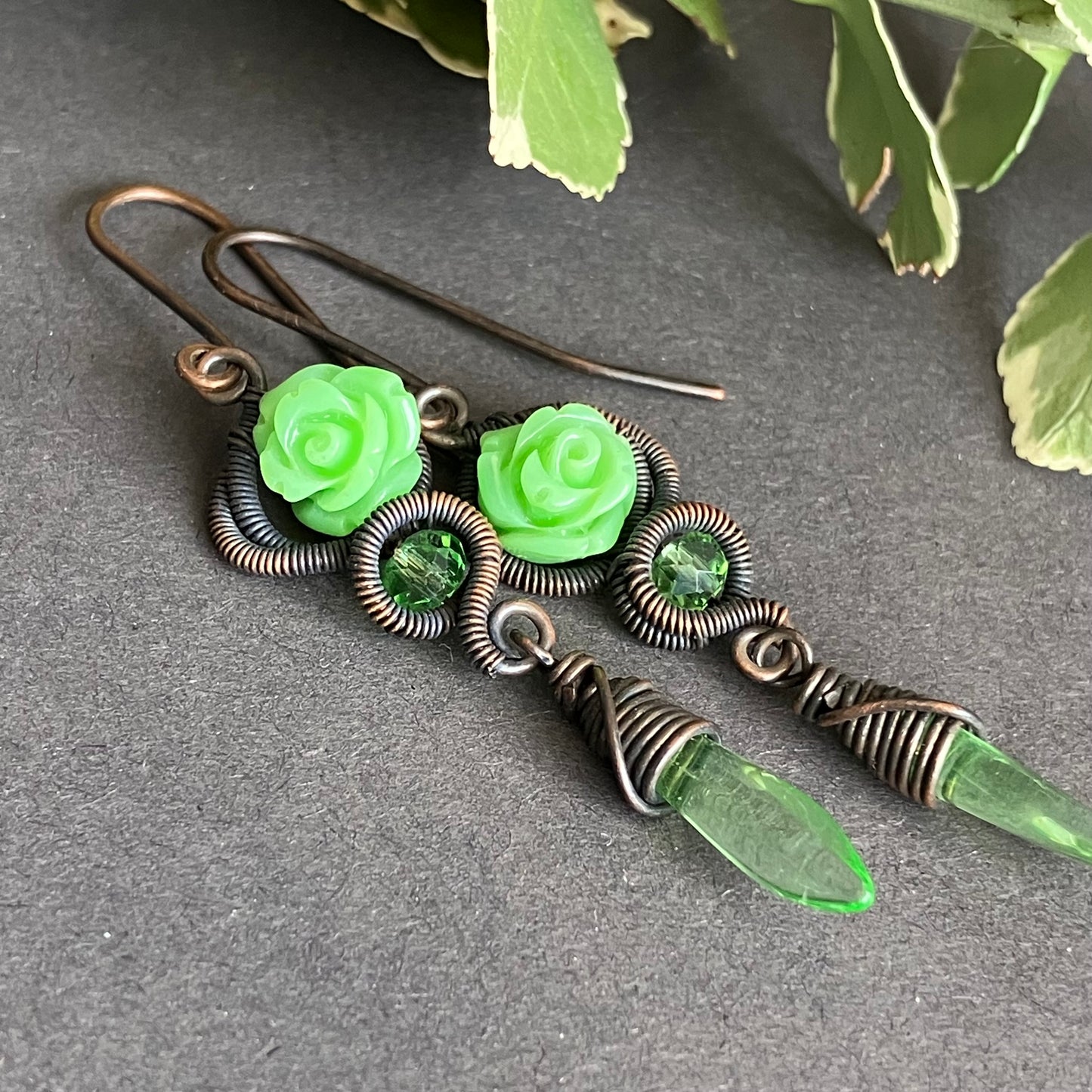 cottagecore copper green rose dangle earrings