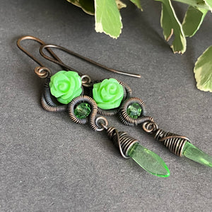 cottagecore copper green rose dangle earrings